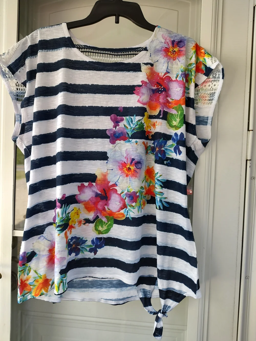 Striped Navy & White Floral Tie-Hem Top - Picture 1 of 7